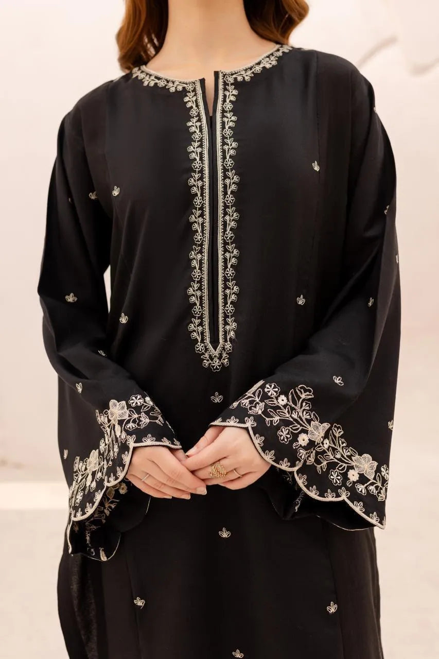 "2-Piece Embroidered Black Silk Suit with Scalloped Flared Sleeves