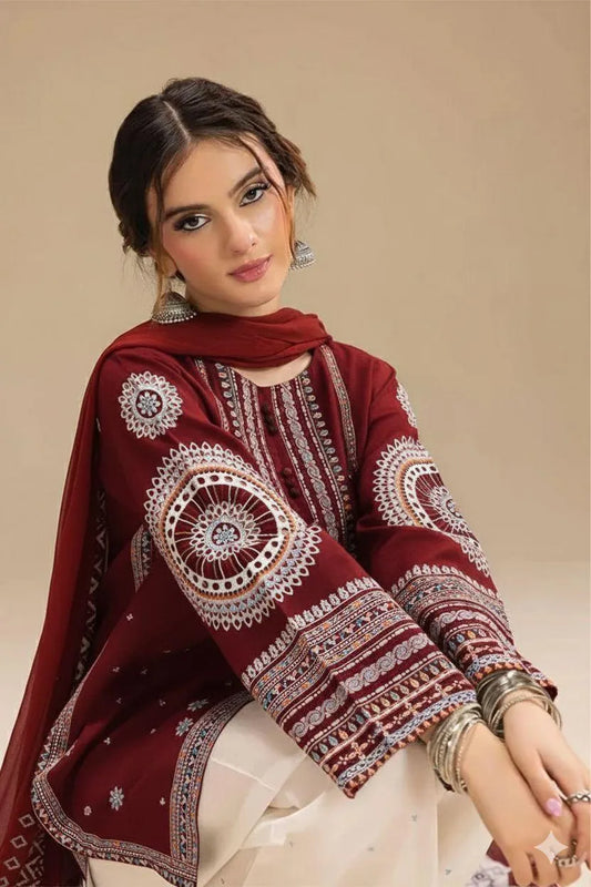 3 Pcs Women's Unstitched Embroidered Suit