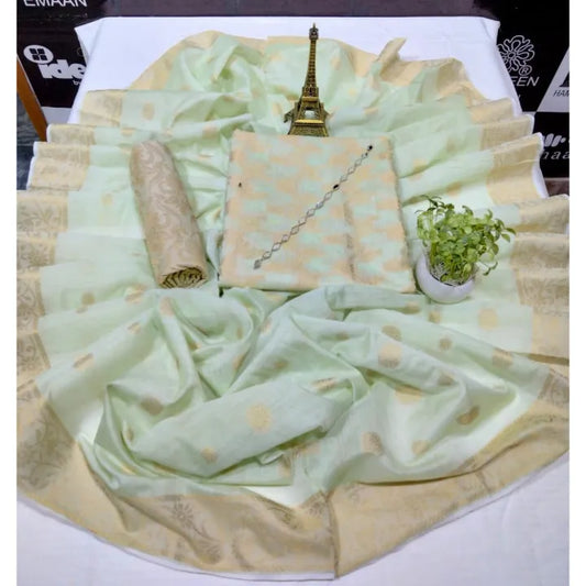 New Cotton Jacquard 3 Piece Unstitched Suit with Cotton Dupatta & Banarasi Trouser For Women-Pista