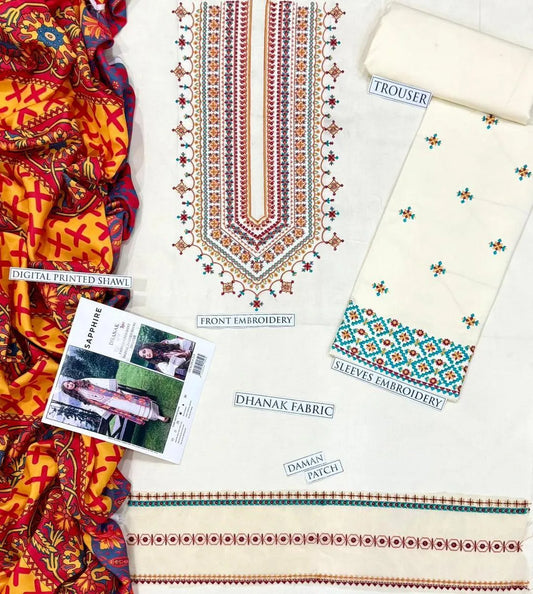 3 Pcs Women's Unstitched Embroidered Suit