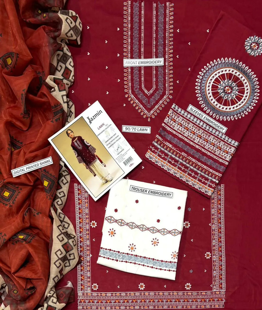 3 Pcs Women's Unstitched Embroidered Suit