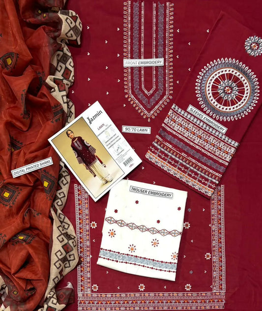 3 Pcs Women's Unstitched Embroidered Suit