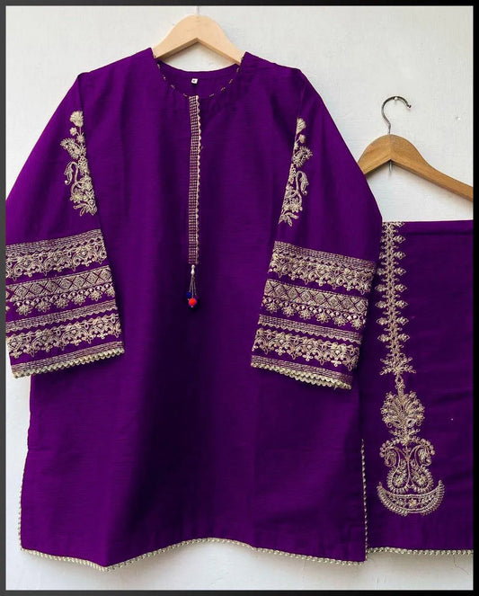 2 Pcs Women's Stitched Silk Embroidered Shirt